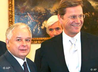 New German Foreign Minister Guido Westerwelle, right, and Polish President Lech Kaczynski during welcoming ceremony in Warsaw, Poland, Saturday, Oct. 31, 2009